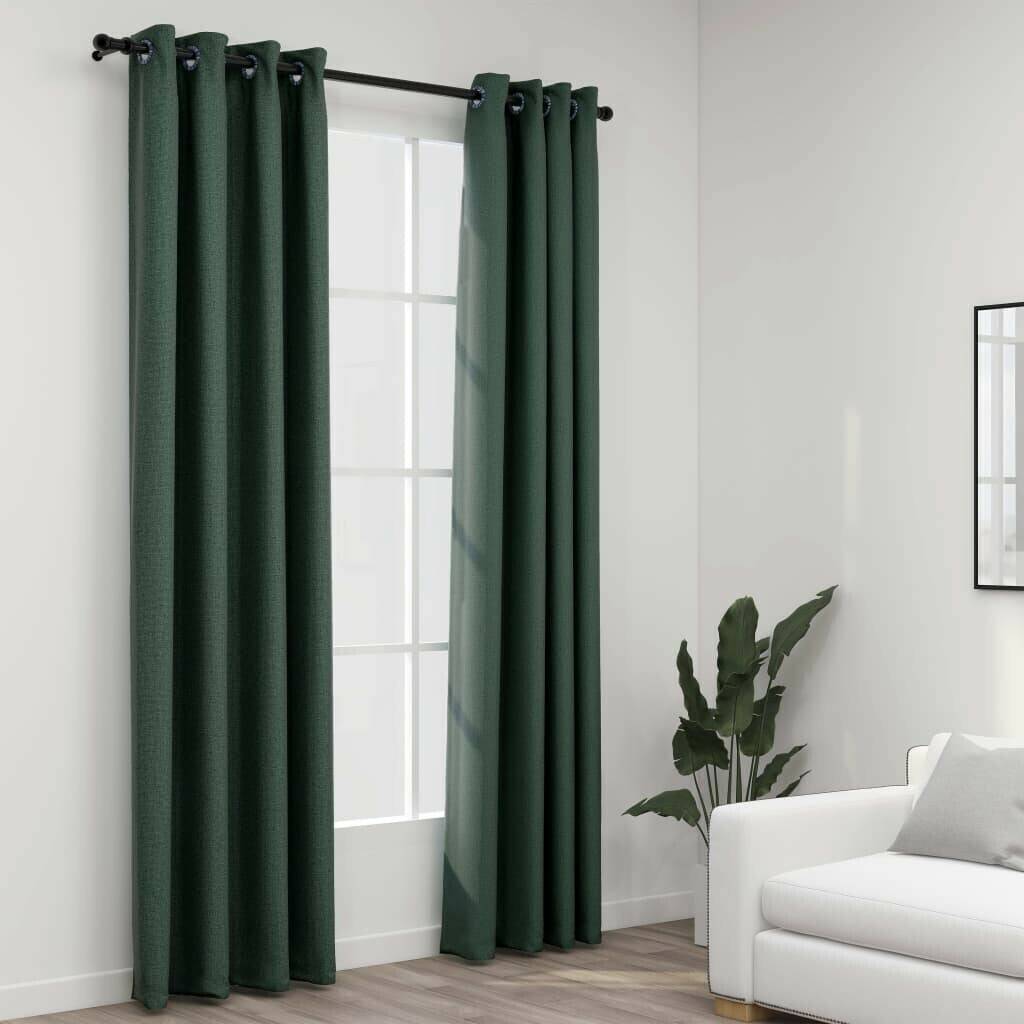 vidaXL Blackout curtains eyelets linen look 2 pieces green 140x225 cm (321185)