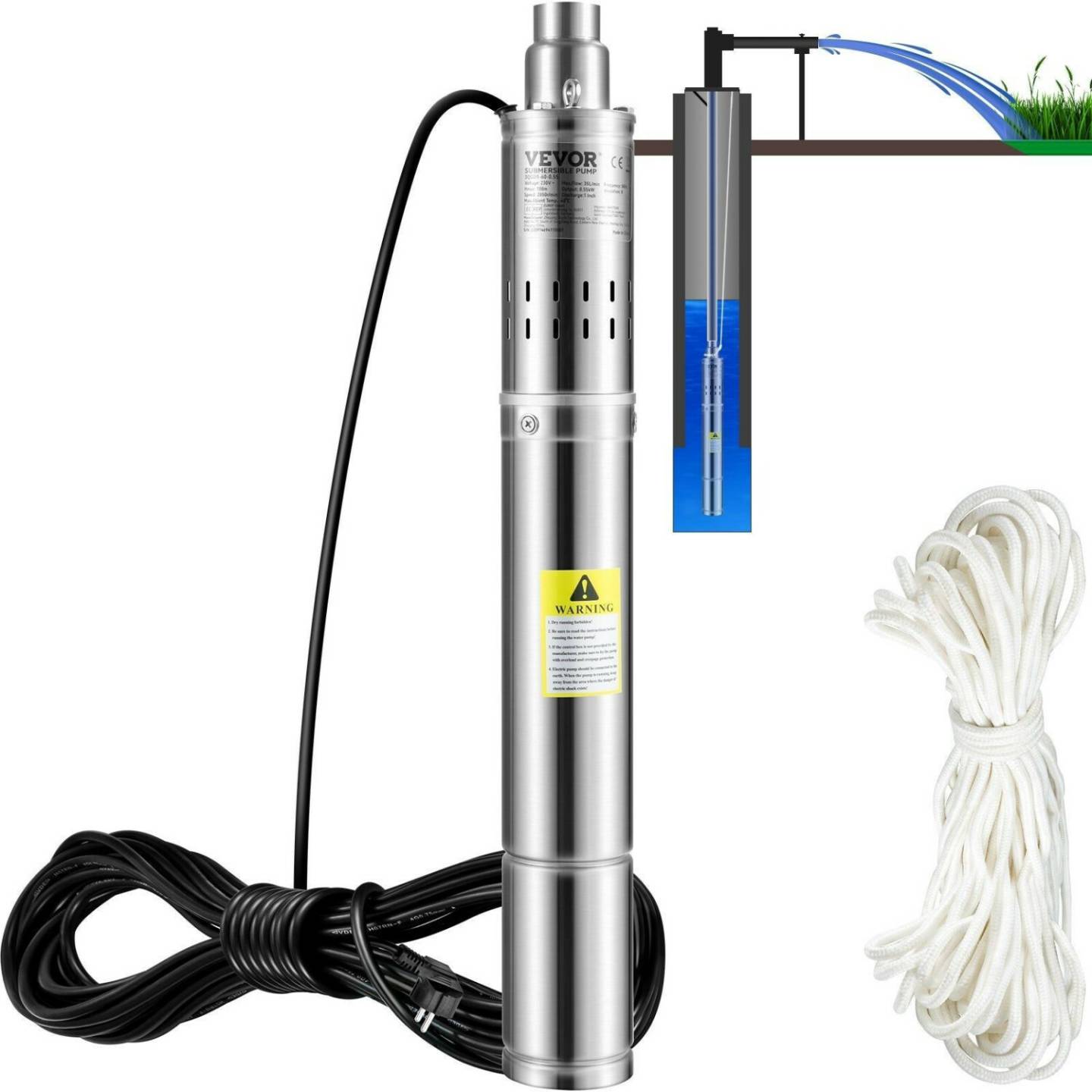 VEVOR Submersible Well Pump 35L/min 550W 108m 2100l/h Pompes à eau